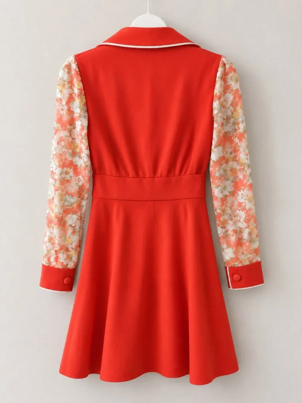 Vintage 70s Coral Orange Secretary Dress Sheer Floral Bishop Sleeves Small